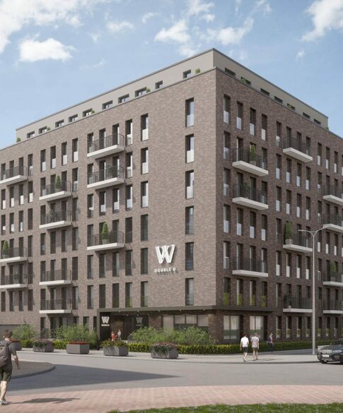 Brera Serviced Apartments Frankfurt Weitwinkel-Ansicht des neuen zweiten Serviced Apartment Gebäudes in Frankfurt